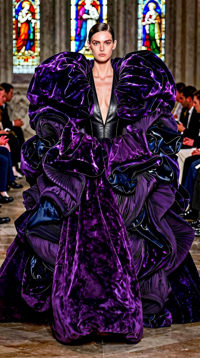 Greed — purple voluminous gown, black leather bodice