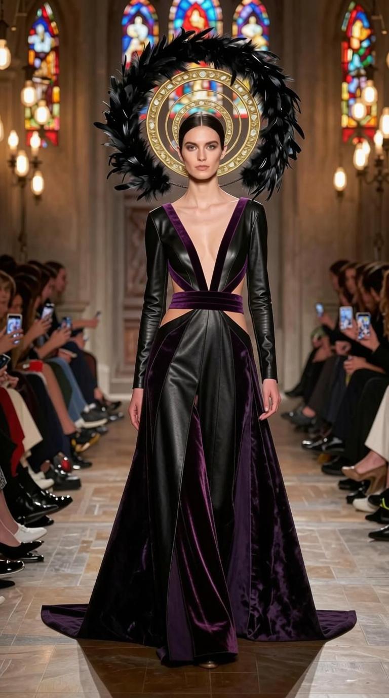 Pride — black and purple velvet column, feathered halo